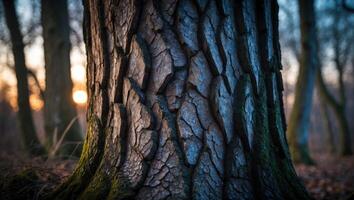 Tree Trunk Close-up at Sunset with Moss and Textured Bark Details photo