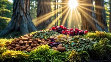 Trail Mix Ingredients with Almonds Cranberries and Seeds in Nature photo