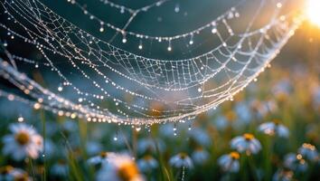 Sparkling Dew Drops on Spiderweb Over Field of White Flowers photo