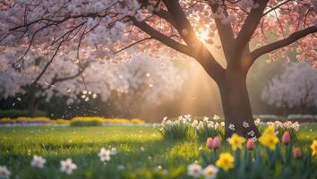 Blossom Tree with Tulips and Daffodils in Park photo