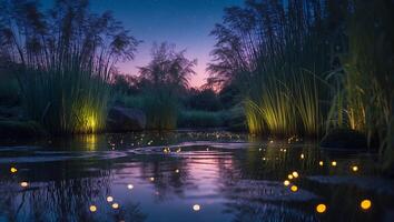 Pond and Reeds at Night photo