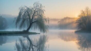Willow Tree in Fog at Sunrise Over Water photo