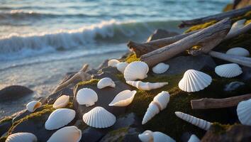 Seashell on Rocky Beach with Moss and Driftwood photo
