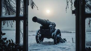 Old Cannon in Snowy Field Viewed Through Window photo