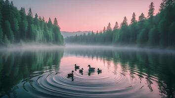 Ducks in Lake at Dawn photo