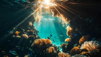 Underwater Coral Reef with Fish and Sunlight photo
