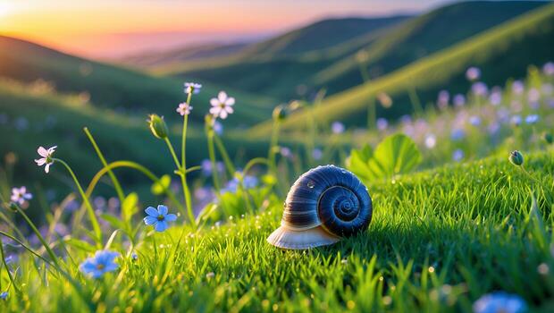 Snail on Meadow at Sunset with Flowers photo
