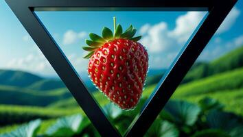 Red Strawberry in Triangle with Field Background photo