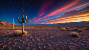 Desert Landscape with Cactus and Starry Sky photo