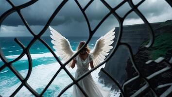 Angel with Wings Stands by Ocean View photo