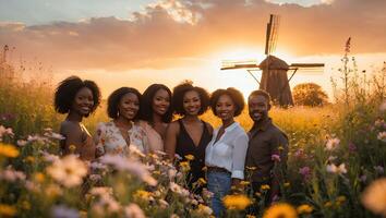 Group of People with Windmill in Field at Sunset photo