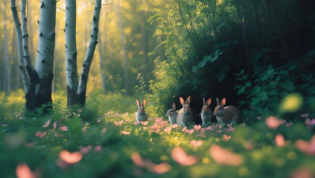 Rabbit in Forest with Flowers, Birch Tree, and Sunlight photo