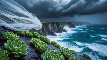 Succulent Landscape with Stormy Cliffside Ocean View photo