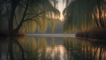 Willow Tree by Misty Water at Sunrise photo