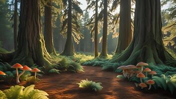 Mushroom in Forest with Fern and Sunlight photo