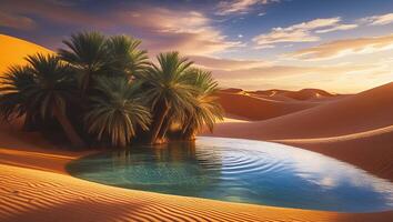 Desert Oasis with Palm Trees and Water photo