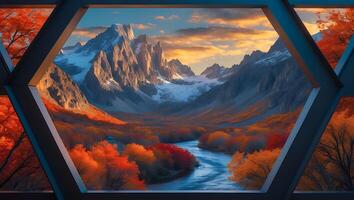 Mountain and River Landscape Through Hexagon Window photo