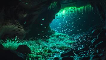 Underwater Cave with Fish and Glowing Plants photo
