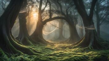 Sunlit Mossy Forest with Spiderweb photo