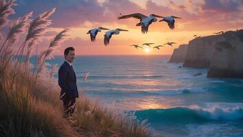 Man in Suit Watches Sunset with Birds Ocean View photo