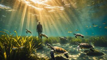 Sea Turtle Swimming in Ocean Water with Sun Rays photo