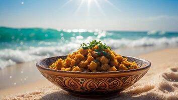 Bowl of Food on Beach with Ocean View photo