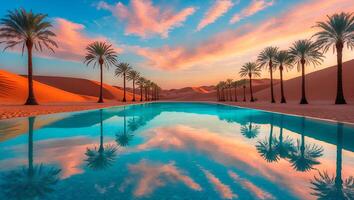 Desert Oasis with Pool and Palm Trees at Sunset photo