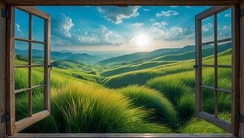 Rolling Green Hills Seen Through Open Window photo