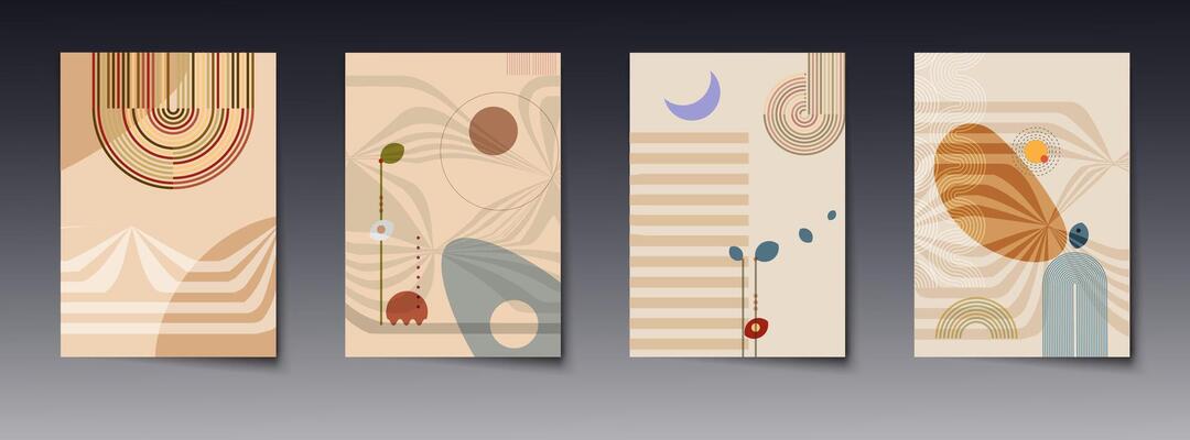 Set of abstract background. Minimal modern graphic design, line pattern, well art boho style, element with geometric shape.