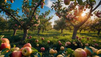 Apple Orchard with Blossoms and Scattered Fruit Under Sunny Sky photo