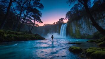 Waterfall and Person in Nature Landscape photo
