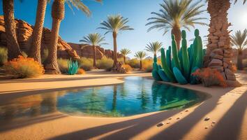 Desert Oasis with Palm Trees and Cacti photo