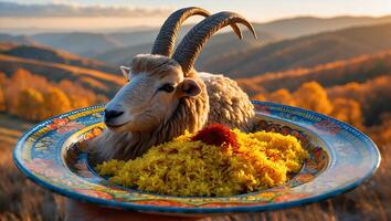 Goat with Rice and Saffron on Ornamental Plate photo