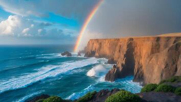 Ocean Waves Against Cliff Rainbow photo