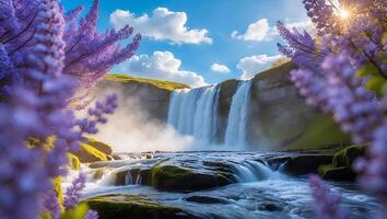 Waterfall with Lilac on Green Hill Landscape photo