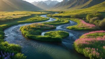 River Flows Through Green Meadow with Mountains photo