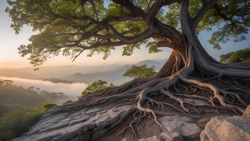Large Tree with Roots Over Cliff Edge at Sunrise photo