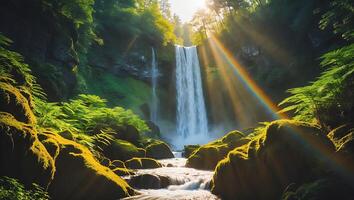 Waterfall in Forest with Rainbow and Sunlight photo