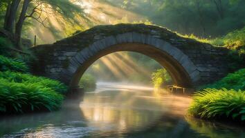 Stone Bridge Over River with Sunlight photo