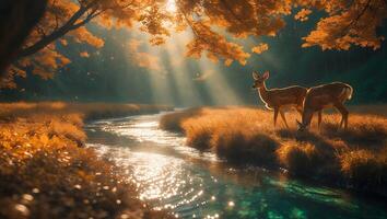 Deer Near Stream in Autumn Forest photo