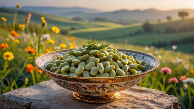 Lima Beans in Bowl on Stone with Landscape Background photo
