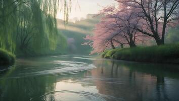 River with Cherry Blossom and Willow Tree photo