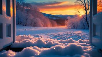 Snowy Winter Landscape From Open Door at Sunset photo