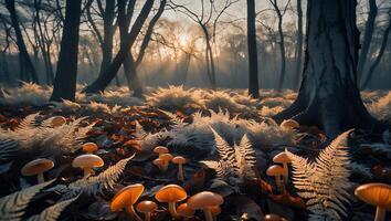 Mushroom Forest with Fern and Sunlight photo