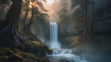 Waterfall in Misty Forest Landscape photo