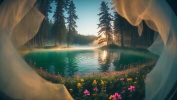Lake in Forest with Flowers and Veil photo