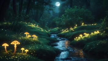 Glowing Mushroom Stream in Dark Forest with Moon photo