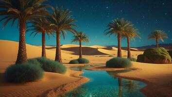 Desert Oasis with Palm Trees at Night photo