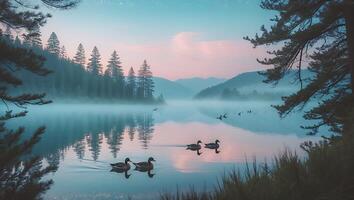 Ducks on Lake with Fog and Mountains at Sunset photo