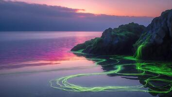 Coastal Sunset with Glowing Green Algae on Rocks photo